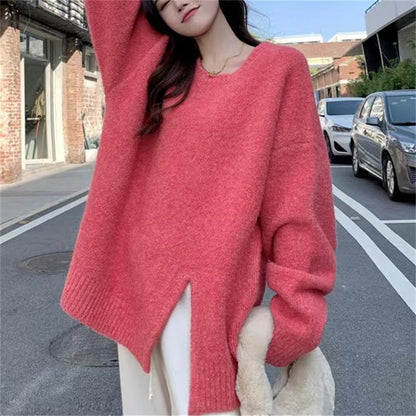 maoxiangshop-shop fall outfits aesthetic Lazy Style Round Neck Split Autumn and Winter New Soft Nuo Sweater Simple Loose All-Match Outer Sweater Women's Clothing