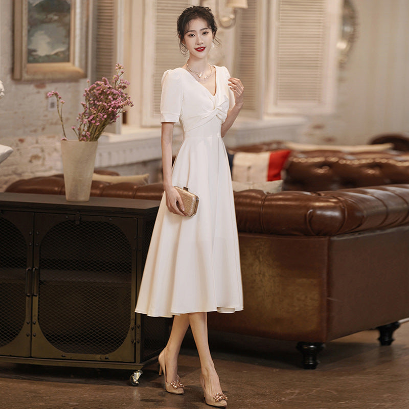 2025 White dress can usually wear  registration certificate small white dress banquet engagement dress women's evening dress dress