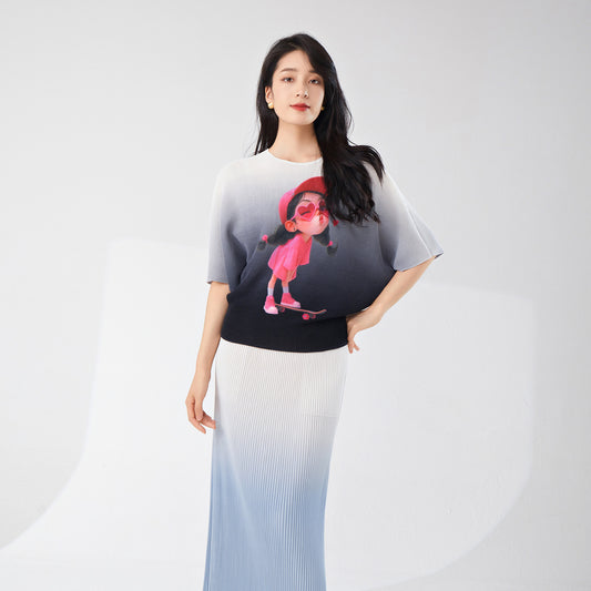 2025 Gradual change t-shirt loose women's bat sleeves round neck loose pullover summer new commuter versatile  top