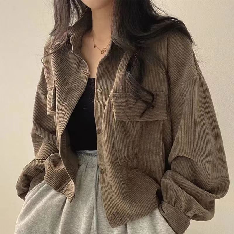 maoxiangshop-shop fall outfits aesthetic Corduroy Shirt Chic Spring French Retro All-Match Single-Breasted Lapel Long Sleeve Coat for Women