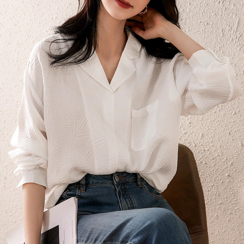 2025 Silky V-neck textured silk shirt, high-end white mulberry silk shirt  spring new women's top
