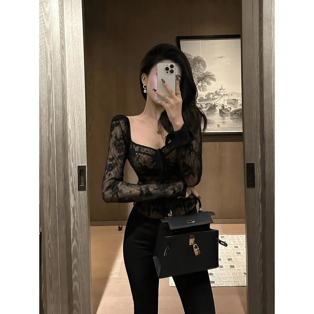 maoxiangshop avant garde dress to impress French Style Retro Square Collar Long-Sleeved Lace Shirt Women's Early Autumn Slim-Fit Slimming Hot Girl Top