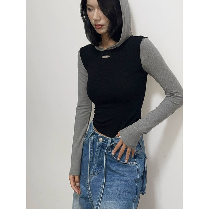 autumn black and gray contrasting colors slim-fitting hooded t-shirt polished white design jeans fashion temperament suit women