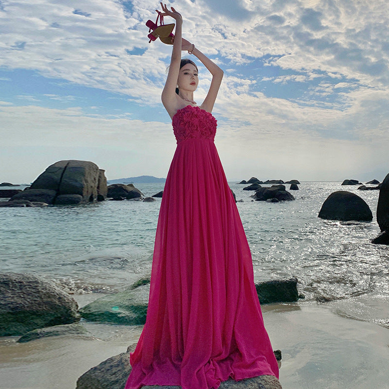 dressing gown birthday dress rose red three-dimensional flower sexy tube top dress vacation dress big swing dress women
