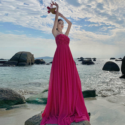 dressing gown birthday dress rose red three-dimensional flower sexy tube top dress vacation dress big swing dress women