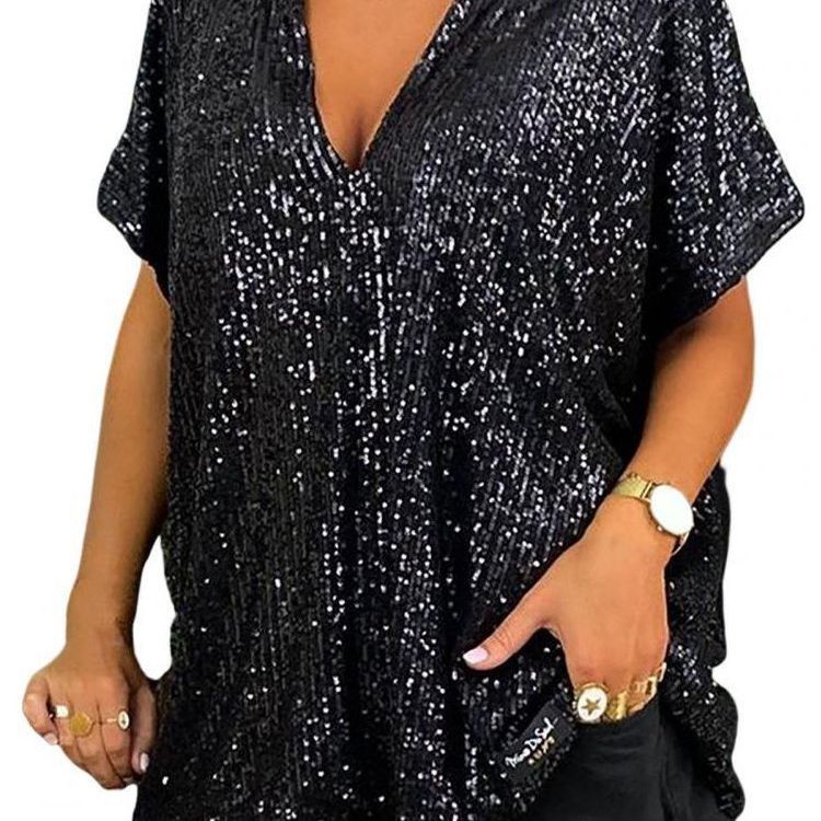 MAOXIANGSHOP 2023 2025 new independent station 2025 new loose sequin V-neck short-sleeved casual sequin deep V shirt