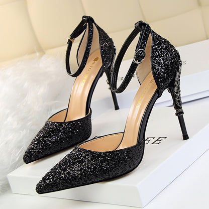 283-A5 2025 sexy hollow women's shoes metal decorative high heel shallow mouth pointed sequins word with hollow sandals