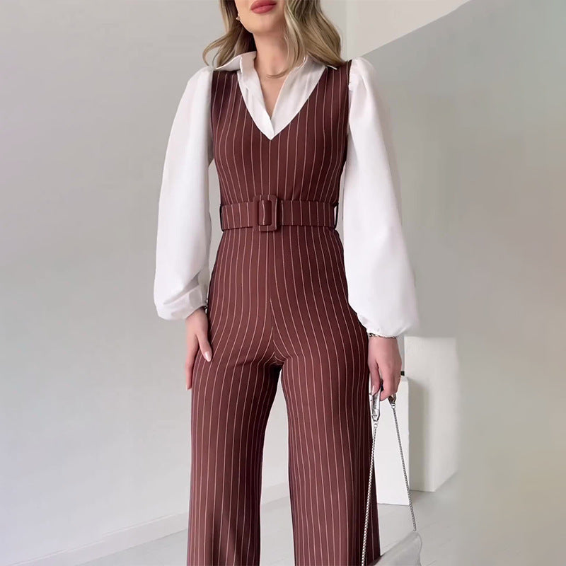 maoxiangshop-shop business casual outfits woman 2024 Women's Autumn Contrast Color Stitching Fashion High Waist Striped Straight Jumpsuit Women