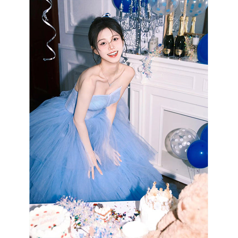 2025Blue tube top dress high-end heavy industry morning gown female bride wedding dress birthday dress trailing tutu dress dress