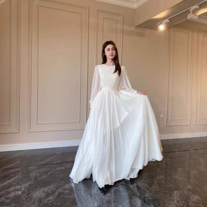 MAOXIANGSHOP 2025 Cross-border Hot Trade Spring and Autumn New Lantern Sleeve Pearlescent Dress White Wedding Dress Crew Neck Dress Long Sleeve Dress