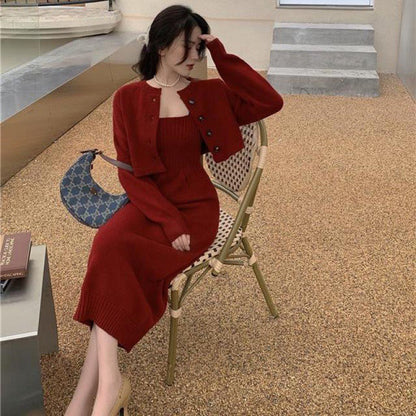 maoxiangshop-shop korean fashion Autumn 2024 New Women's Fashion Korean Style Sling Knitted Dress + Long Sleeve Cardigan Sweater Two-Piece Ins Fashion