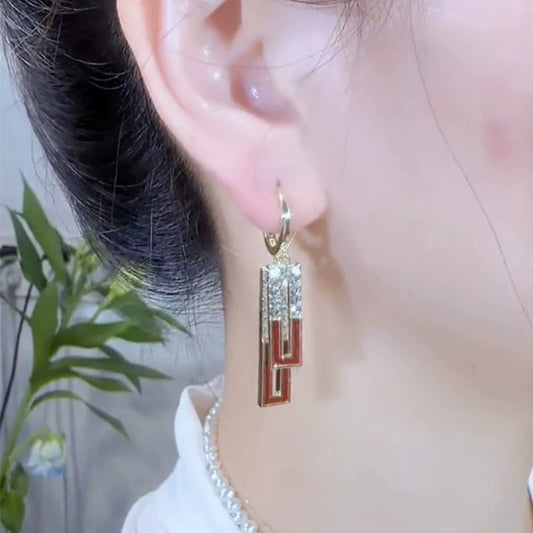 Temperament simple red full diamond geometric rectangular earrings women's niche design ear buckle light luxury face thin earrings