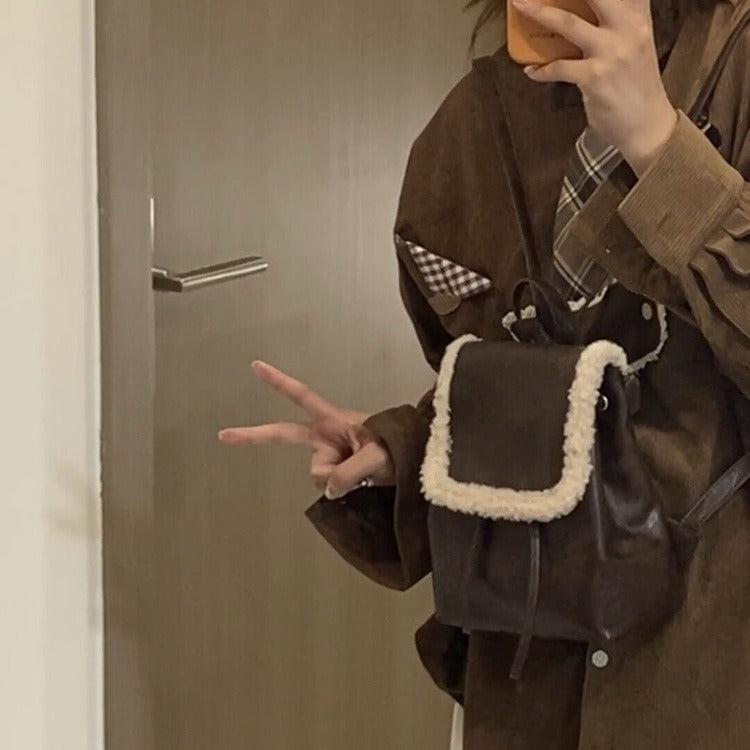 MAOXIANGSHOP 2025 Niche design backpack women's 2025 Korean version of college style new retro brown plush spliced backpack