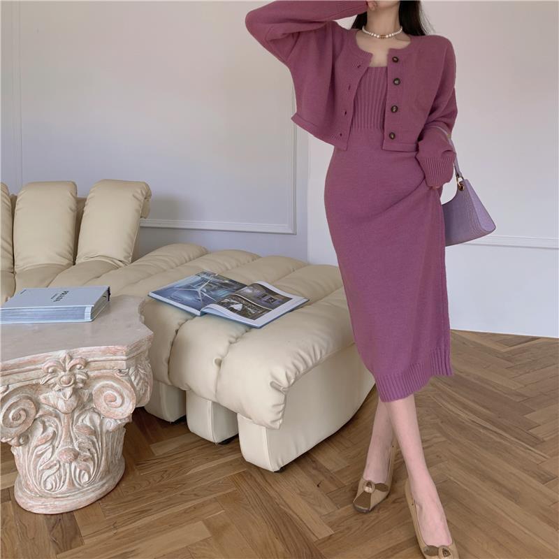 maoxiangshop-shop korean fashion Autumn 2024 New Women's Fashion Korean Style Sling Knitted Dress + Long Sleeve Cardigan Sweater Two-Piece Ins Fashion