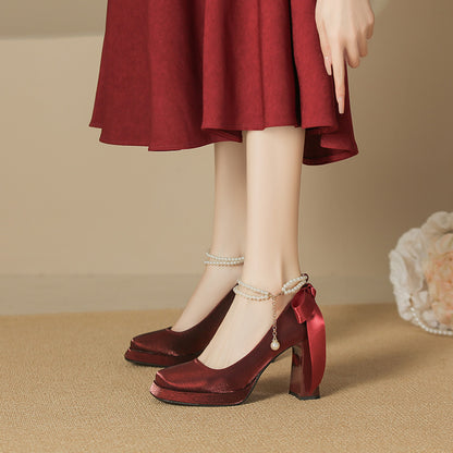 2025 8126-2 Suede Pearl Mary Jane Shoes Women's Square Head Thick Heel High Heel Single Shoes Bow Waterproof Table Single Shoes Women's
