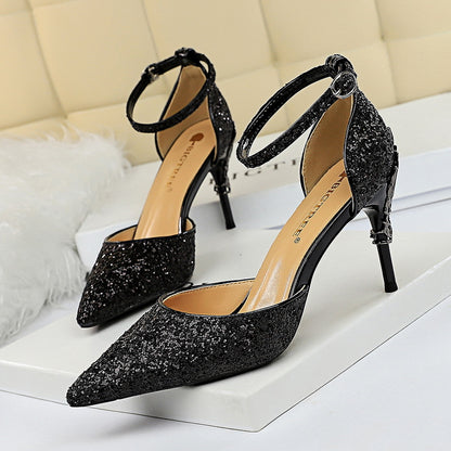 283-A5 2025 sexy hollow women's shoes metal decorative high heel shallow mouth pointed sequins word with hollow sandals
