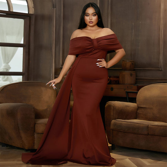 2025 [Not in stock, do not shoot] Women's long one-word collar banquet sexy hip wrap fish tail evening dress dress women