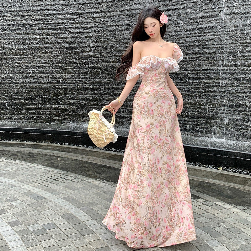 One-word shoulder  floral coffee break dress women's summer vacation gentle wind long dress waist beautiful temperament skirt