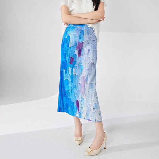 High sense of gradual change pleated skirt temperament elegant high waist hip wrap medium and long design sense after split step skirt