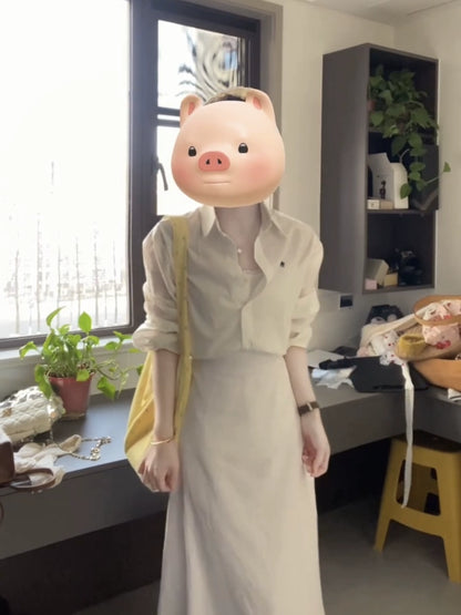 [Daily ballet] White linen shirt women's loose sunscreen embroidered shirt + rear split skirt women