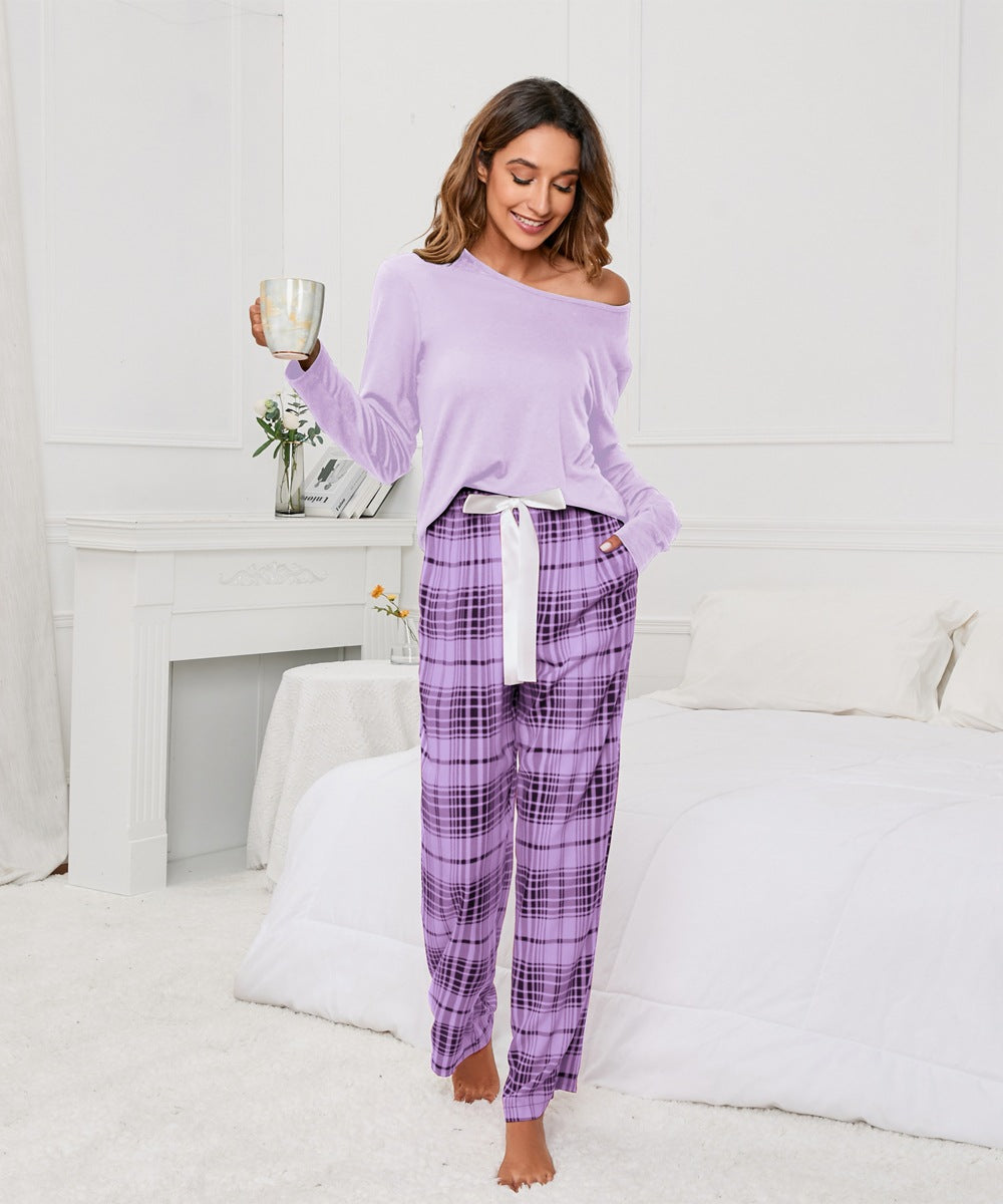 MAOXIANGSHOP 2025Real new products, 2025 New independent stations, solid color round neck T plaid printing women's casual set, loungewear pajamas, women