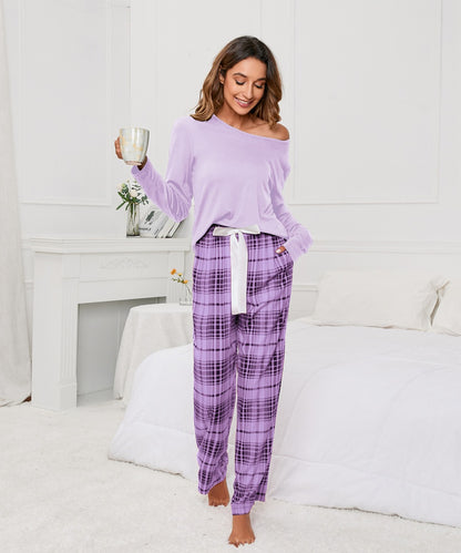 MAOXIANGSHOP 2025Real new products, 2025 New independent stations, solid color round neck T plaid printing women's casual set, loungewear pajamas, women