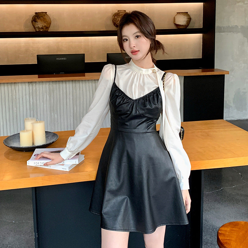 2025 popular autumn new Korean version temperament versatile suspender dress PU pure desire short leather skirt women 88119