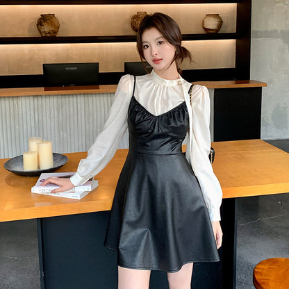 2025 popular autumn new Korean version temperament versatile suspender dress PU pure desire short leather skirt women 88119