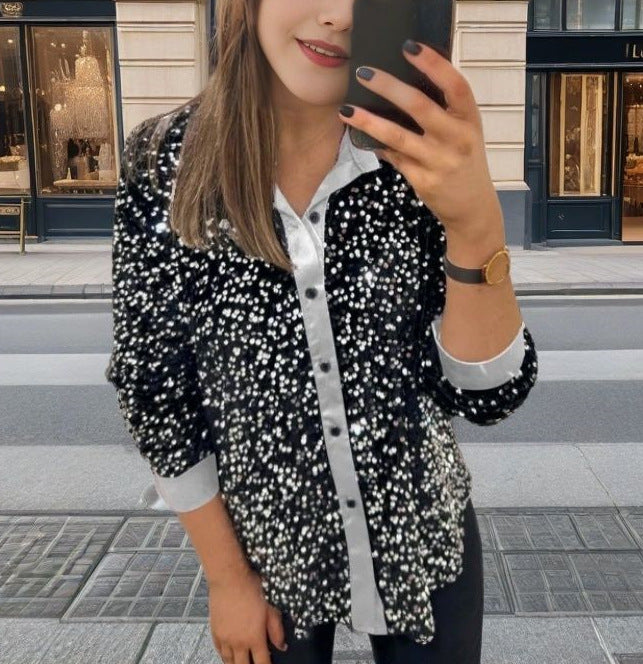 MAOXIANGSHOP 2025 New winter new  independent station 2025 fashion lapel button sequined shirt top women's clothing