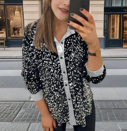 MAOXIANGSHOP 2025 New winter new  independent station 2025 fashion lapel button sequined shirt top women's clothing