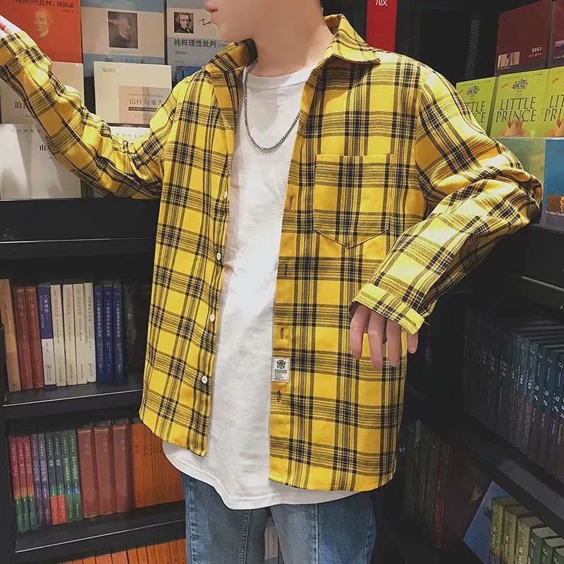 maoxiangshop-shop men fall outfits casual Colorful Plaid Couple Plaid Shirt Coat Long-Sleeved Shirt Youth Korean Casual Student Handsome Men's Shirt