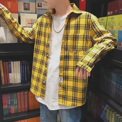 maoxiangshop-shop men fall outfits casual Colorful Plaid Couple Plaid Shirt Coat Long-Sleeved Shirt Youth Korean Casual Student Handsome Men's Shirt