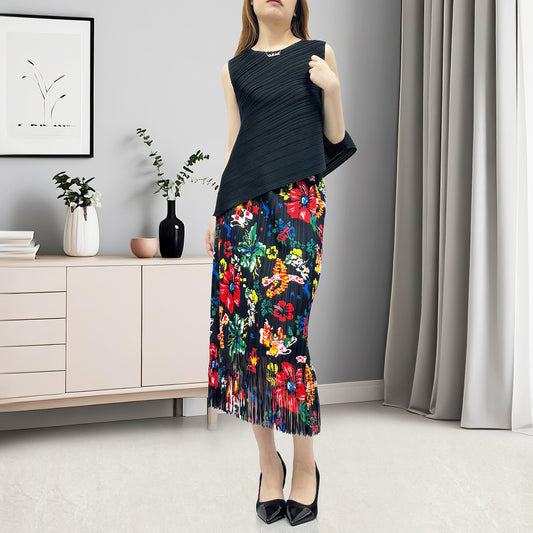 Fashion light luxury women's clothing summer black printing retro fringed hip skirt sleeveless T-shirt two-piece set