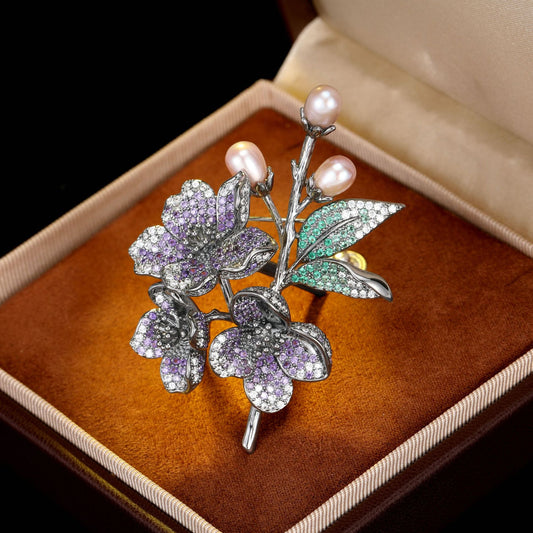 2025 High sense of wealth, flower blooming, freshwater pearl brooch, women's micro-inlaid zircon fashion light luxury coat, suit, dinner party corsage