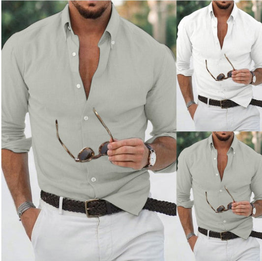 maoxiangshop-shop 90s fashion Men's Cardigan Long Sleeve Solid Color Cotton Linen Loose Shirt Men