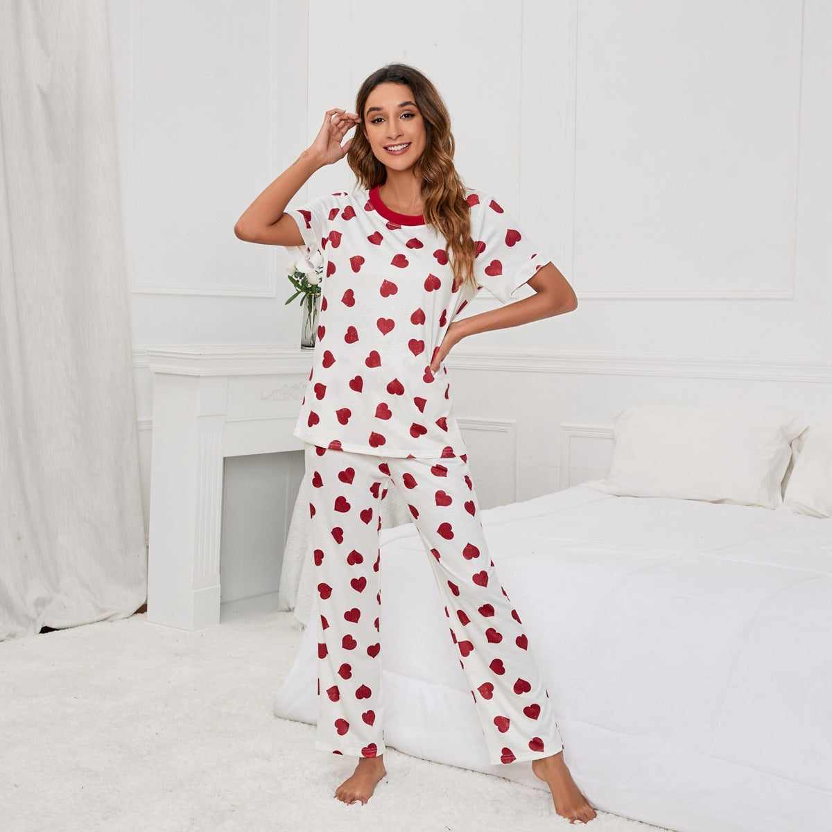 MAOXIANGSHOP 2025The new Popularan, 2025n and Popular trade New women's love printing round neck T-shirt casual set homewear, factory direct sales