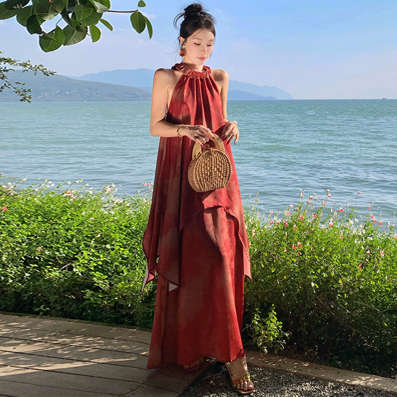 New Chinese style retro tie-dye neck dress summer beautiful temperament simple long dress fake two beach dress