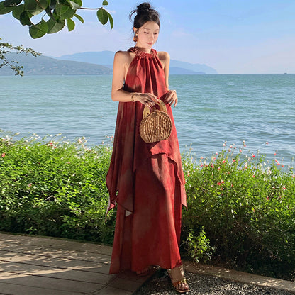 New Chinese style retro tie-dye neck dress summer beautiful temperament simple long dress fake two beach dress