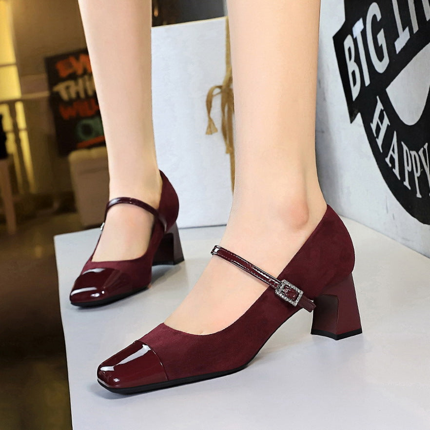 5296 2025 style women's shoes thick heel middle heel shallow mouth square head splicing word with rhinestone buckle suede leopard print single shoes