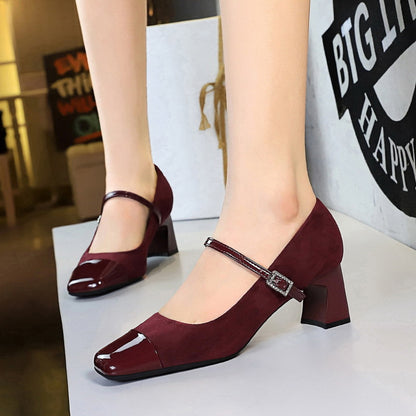 5296 2025 style women's shoes thick heel middle heel shallow mouth square head splicing word with rhinestone buckle suede leopard print single shoes