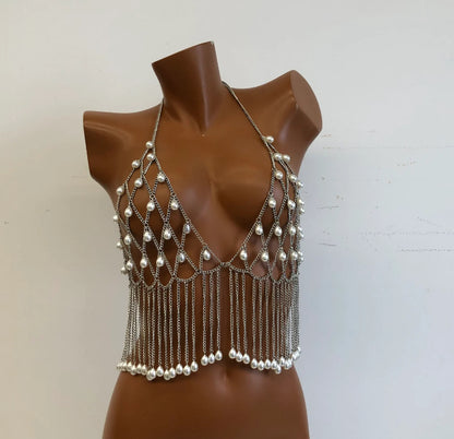2025 LH4735 Cross-border hot-selling handmade personalized water drop pearl chain fringed chest chain clothing chain, hollow body chain