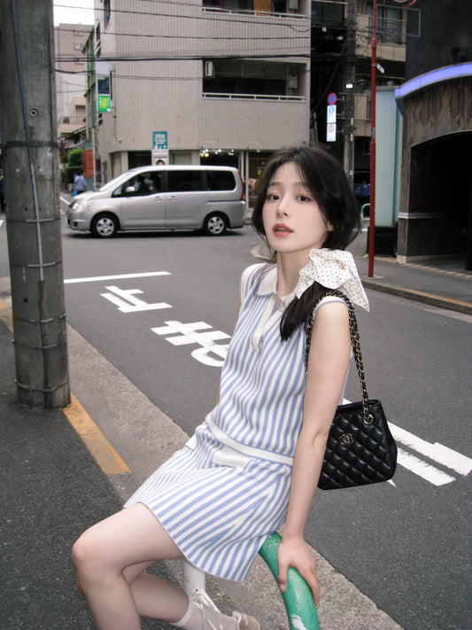 Blue and white vertical stripe knitted suit women's  new sea salt mint blue polo neck sleeveless vest top skirt