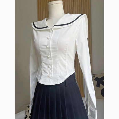 maoxiangshop pirates vs sailors drees to impress French Preppy Style Navy Collar Slim Shirt New Women's Autumn Niche Waist Irregular Hem Top
