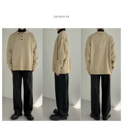 maoxiangshop-shop men fall outfits casual Polo Collar Sweater Men's Loose Casual Lapel Pit Striped Sweater Autumn and Winter New Korean Style Trendy Sweater