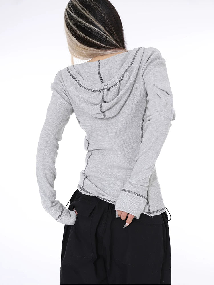 2025 hooded slim-fitting gray long-sleeved top women's autumn and summer design T-shirt Popular style bottoming shirt