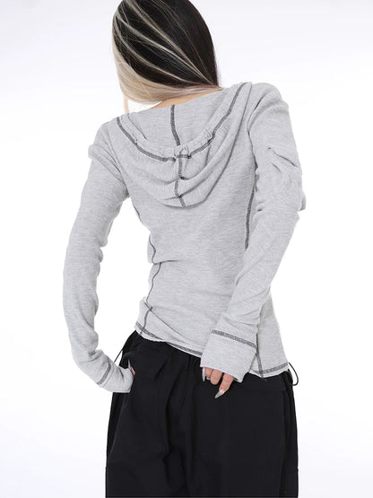 2025 hooded slim-fitting gray long-sleeved top women's autumn and summer design T-shirt Popular style bottoming shirt