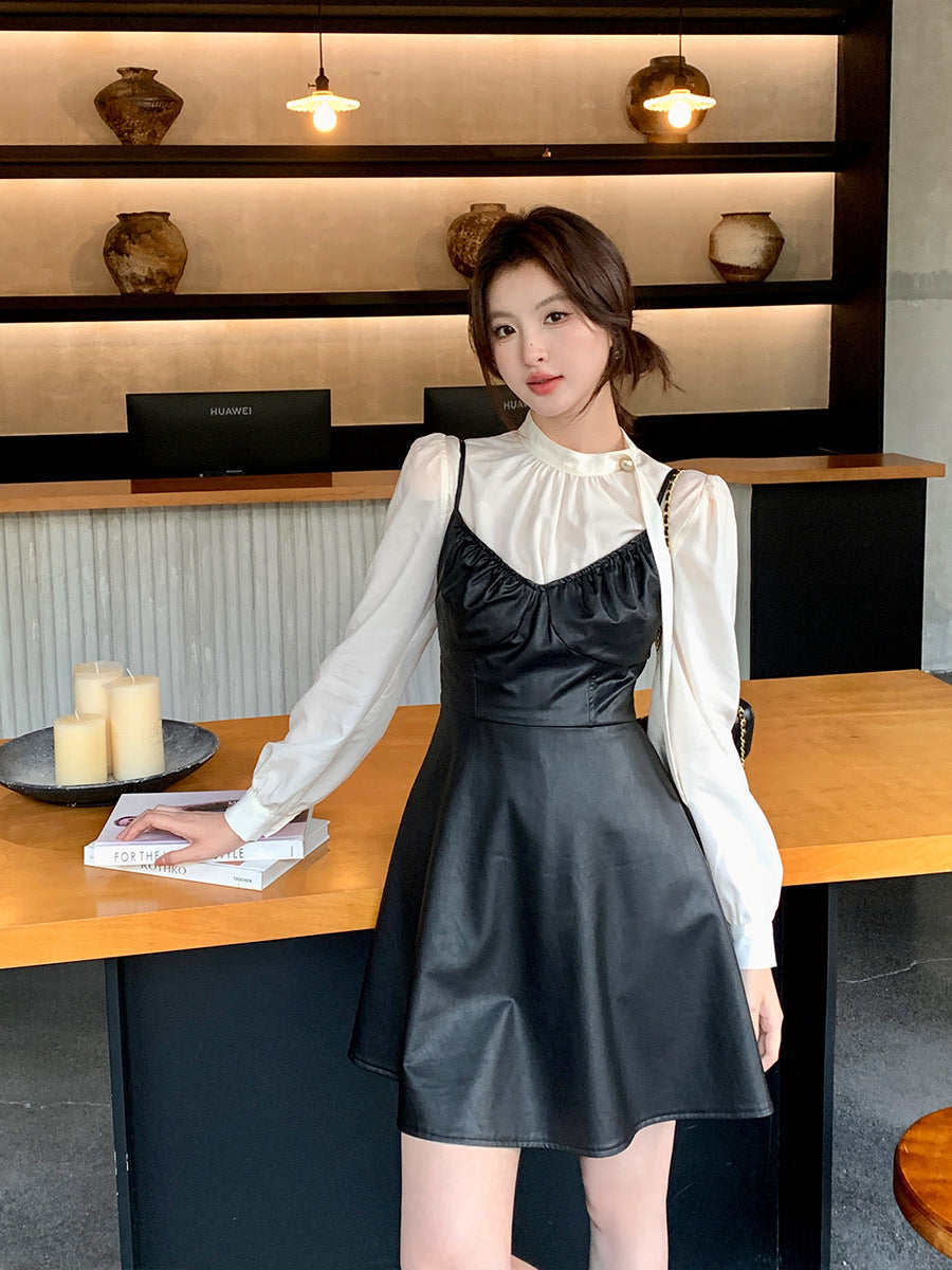 2025 popular autumn new Korean version temperament versatile suspender dress PU pure desire short leather skirt women 88119