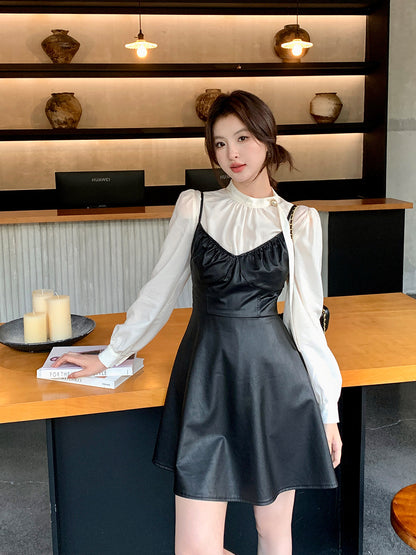 2025 popular autumn new Korean version temperament versatile suspender dress PU pure desire short leather skirt women 88119