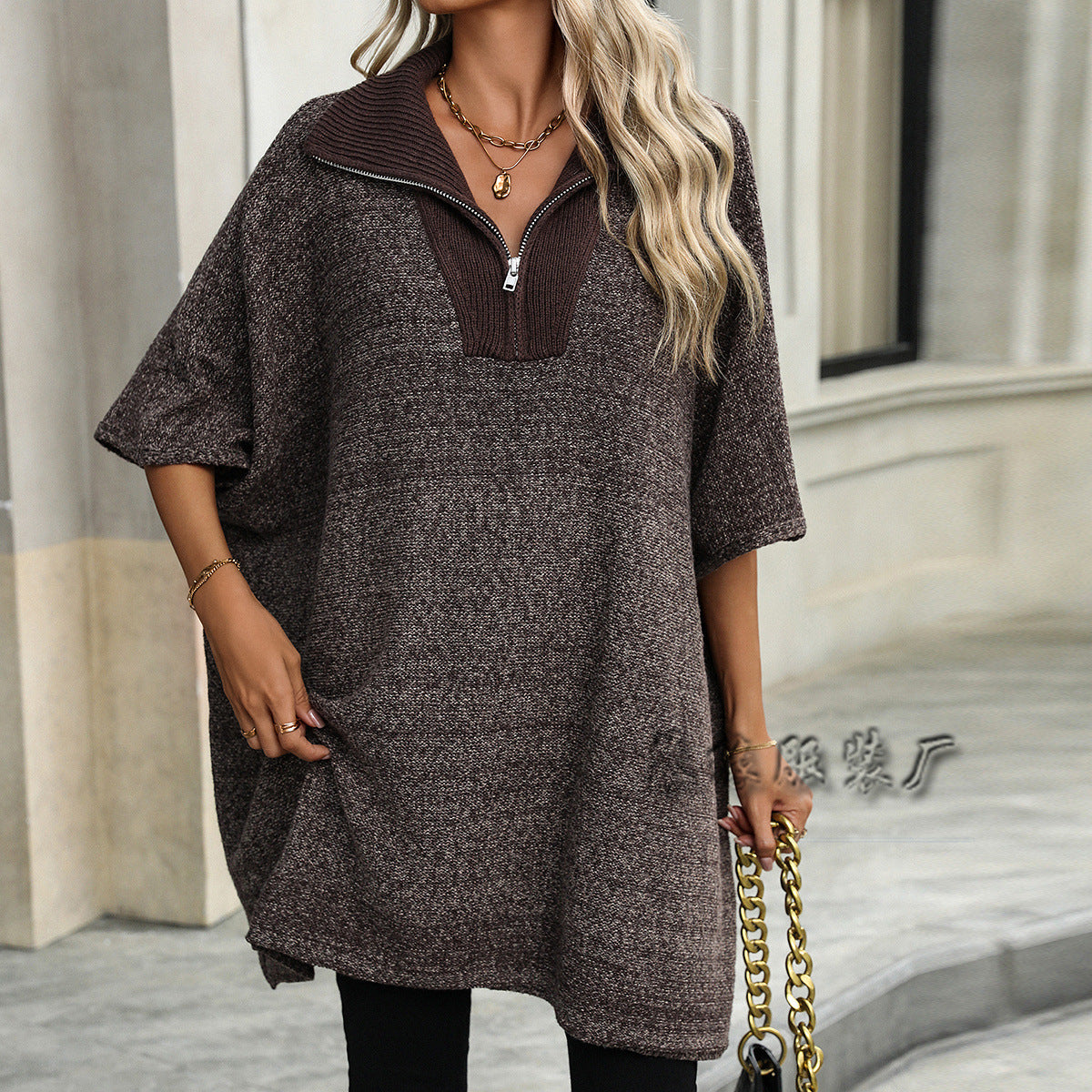 MAOXIANGSHOP New autumn and winter new   women's clothing fashion medium and long knitted sweater long-sleeved zipper lapel sweater women