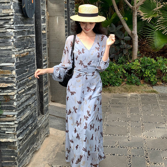 2025 Spring New  Temperament Printed Retro High Waist Long Sleeve Skinny Dress 88202